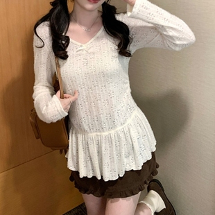 叠穿内搭收腰长袖 女春秋季 上衣 蝴蝶结V领蕾丝镂空针织打底衫 法式