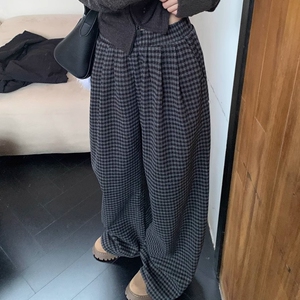 美式复古宽松格子休闲慵懒风阔腿长裤子女春秋冬季高腰毛呢直筒裤