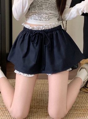 韩版休闲花苞a字半身裙女春秋夏季外穿内搭假两件条纹叠穿短裙裤