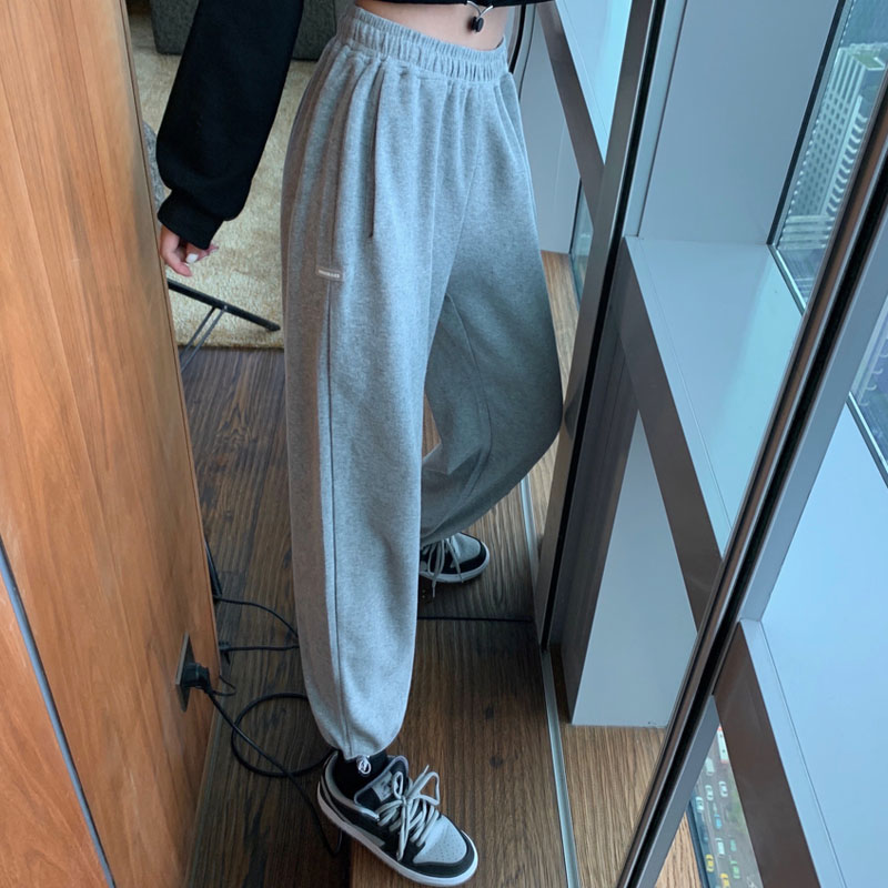 灰色束脚运动长裤女宽松直筒春秋季韩版学生显瘦休闲阔腿抽绳卫裤