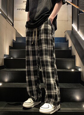 美式复古抽绳黑白格子裤子女春夏