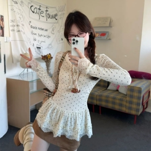 法式波点韩系甜美蕾丝荷叶边长袖针织衫女春装秋季内搭蝴蝶结上衣
