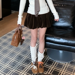 美拉德咖色复古A字高腰花苞半身裙女春秋季 内搭打底丝绒蓬蓬短裙