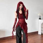 女春夏季 废土风红色连帽背心带袖 网纱t恤套装 内搭荷叶边镂空上衣