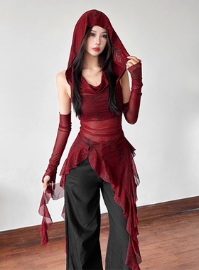 废土风红色连帽背心带袖网纱t恤套装女春夏季内搭荷叶边镂空上衣