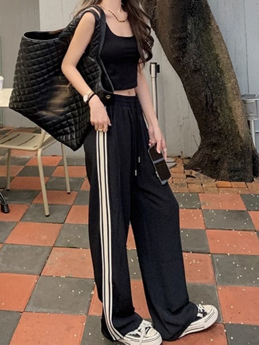 韩版条纹拖地阔腿裤子女春秋抽绳直筒高腰宽松显瘦休闲运动长裤夏