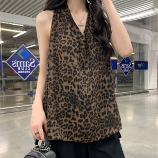 法式复古辣妹豹纹露背挂脖背心女春夏季外穿宽松气质V领吊带上衣