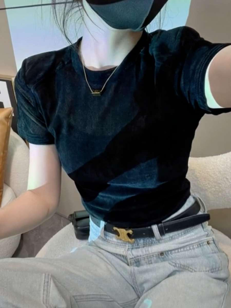 法式夏季薄款修身短款丝绒上衣女