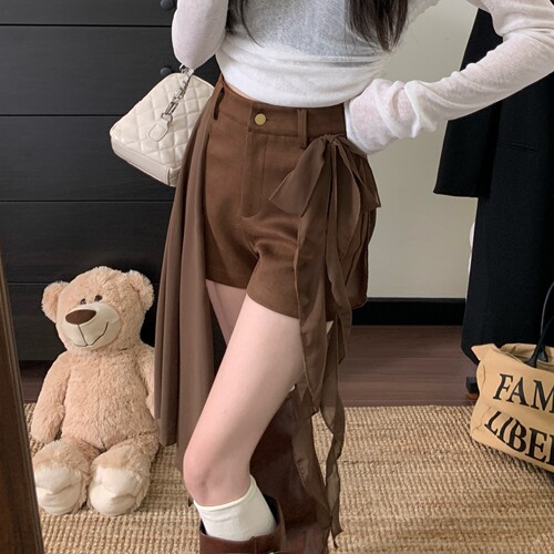 美拉德复古休闲飘带短裤女春秋季外穿打底内搭高腰紧身包臀热裤子