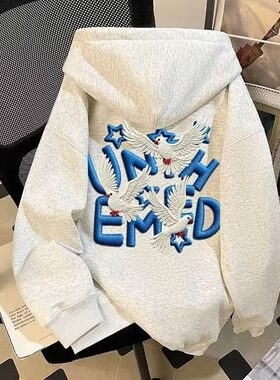 加绒连帽卫衣青少年秋冬款宽松美式外套保暖慵懒风百搭潮牌印花男