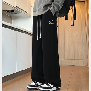 黑色休闲直筒裤男款港风高街潮流宽松垂感学生直筒运动阔脚长裤