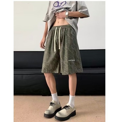美式复古粉色短裤男生潮牌夏季薄款运动四五分裤高街刺绣休闲中裤