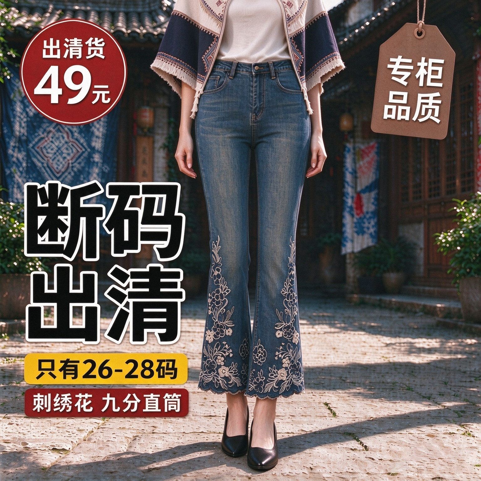 风姿歌微喇裤九分裤刺绣高腰