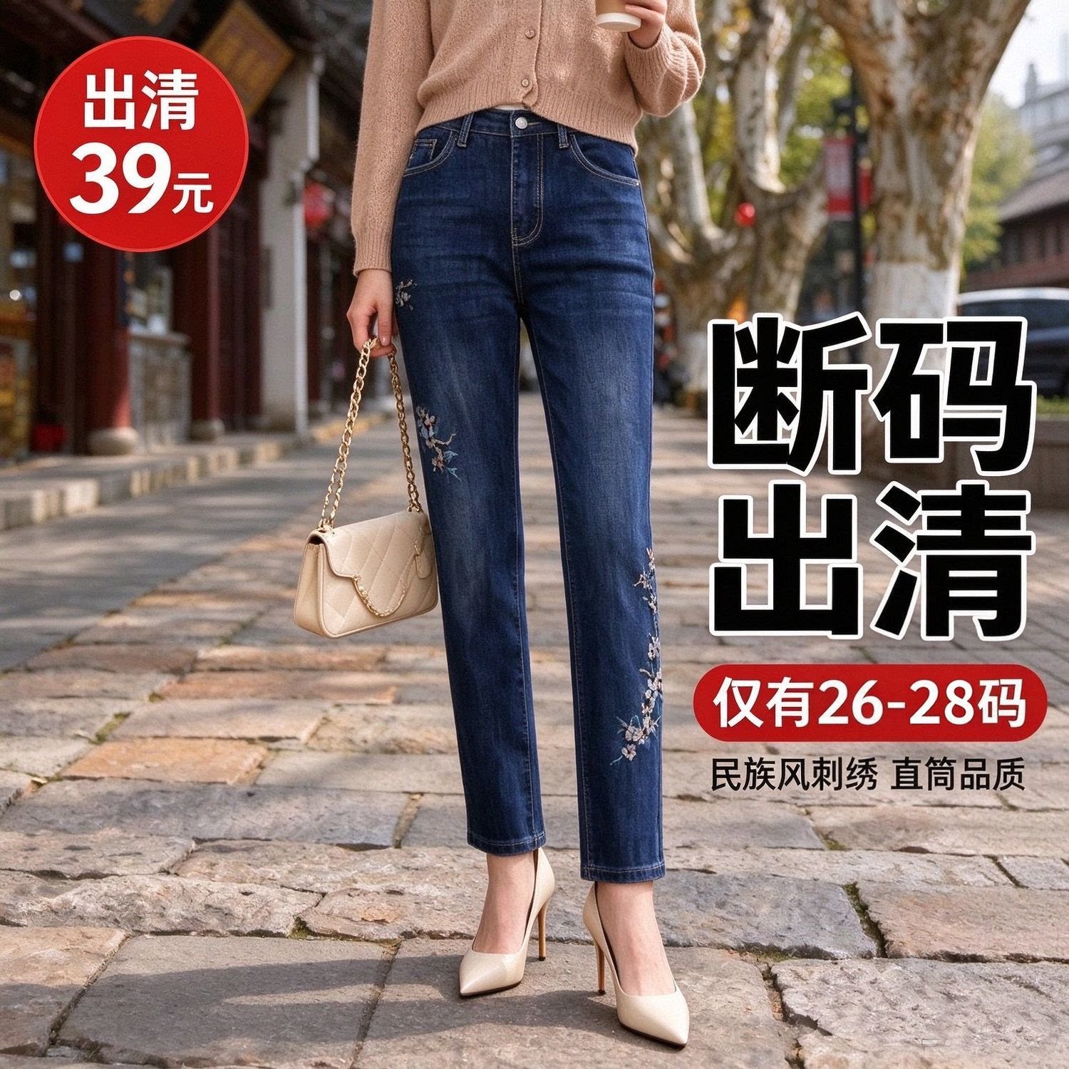 【小码裤出清】风姿歌2026直筒牛仔裤女高腰显瘦刺绣深蓝色长裤