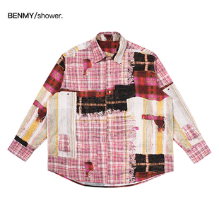 benmyshower国潮日系复古小众设计感格纹艺术拼色长袖 男女夏 衬衫