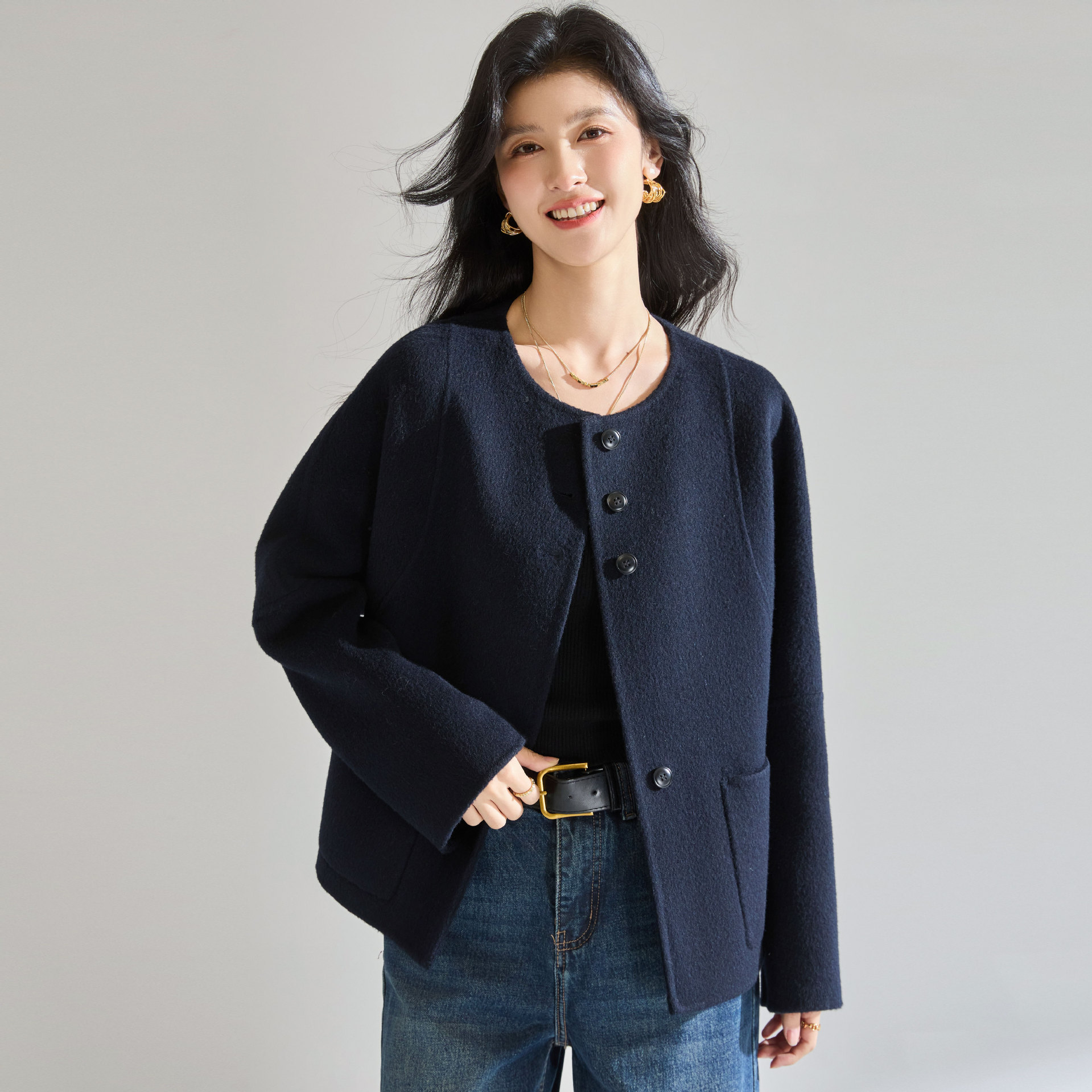 25秋冬圆领单排扣羊毛双面呢大衣弯刀袖百搭减龄气质短外套25642