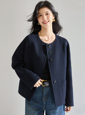 25秋冬圆领单排扣羊毛双面呢大衣弯刀袖百搭减龄气质短外套25642