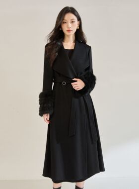香nai款气质优雅黑色收腰拼接貂毛双面呢大衣羊毛呢外套女22686