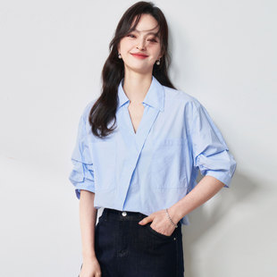 26春气质职场斜门襟V领套头五分袖 通勤小众休闲上衣25079 衬衫