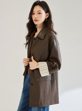 25秋装酷飒风条纹拼接皮衣外套复古翻领休闲百搭夹克上衣25569