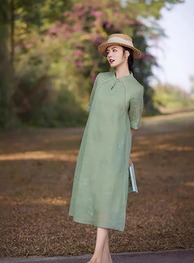 苎麻连衣裙女2026新款洋气减龄五分袖立领盘扣改良旗袍裙中长裙女