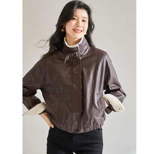 25秋冬复古美拉德加绒立领短皮衣外套女美式机车羊羔毛夹克29023