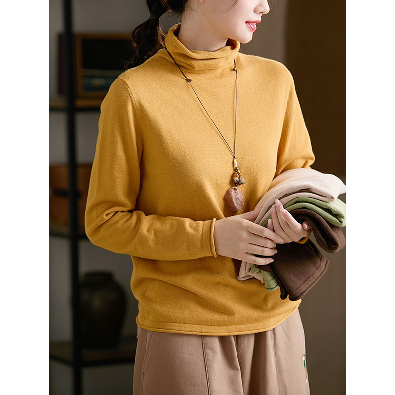 GJCP 100%棉线文艺百搭高领毛衣 秋冬内搭堆堆领宽松针织打底衫女