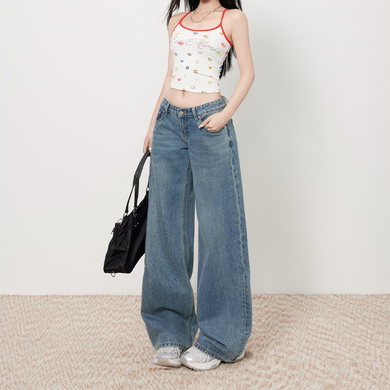 复古蓝低腰阔腿牛仔裤女2025年夏季新款小个子垂感百搭窄版直筒裤