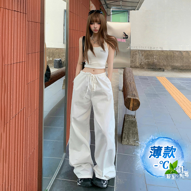白色工装裤女夏2025新款美式宽松直筒阔腿速干户外登山降落伞裤子