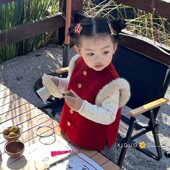 喜庆红色夹棉拜年服 新年毛边马甲女宝新中式 中国风女童唐装 秋冬款