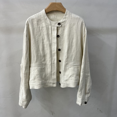 欧洲站2026春季新款欧货极简风宽松拼蕾丝亚麻上衣夹克休闲外套女