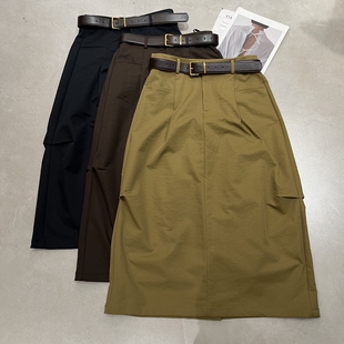 欧洲站2026春季新款欧货女装高腰显瘦褶皱休闲百搭工装中长款半裙