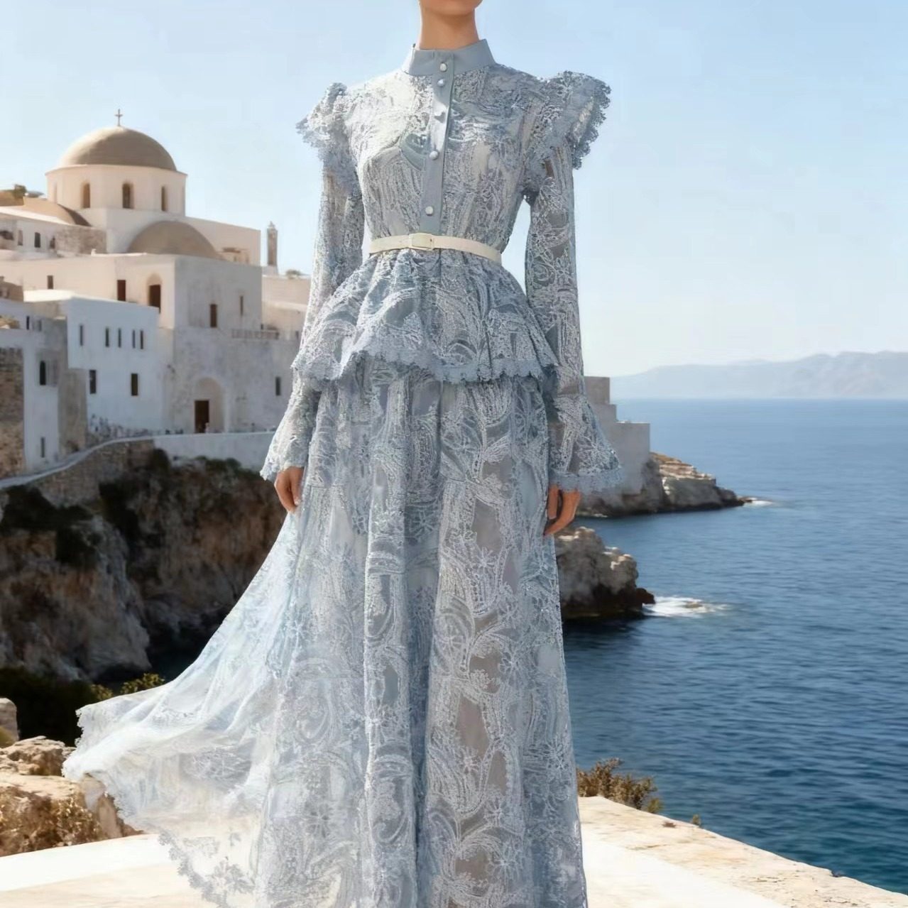高端宴会晚装礼服裙2026春喇叭袖重工镂空刺绣拼腰带木耳连衣裙长,女装/女士精品,连衣裙,淘宝优惠券,粉丝福利购,淘宝优惠卷
