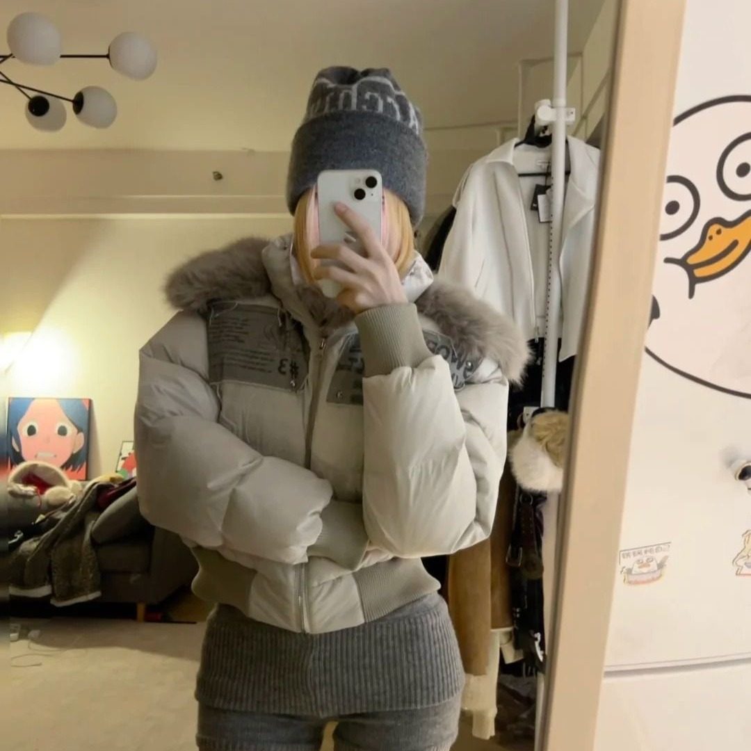 冬季2024新款甜妹风带毛领连帽保暖棉服短外套高腰短裤两件套装女