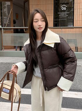 2026年针织翻领短款羽绒棉服女冬季蛋白皮拼接娃娃领外套潮