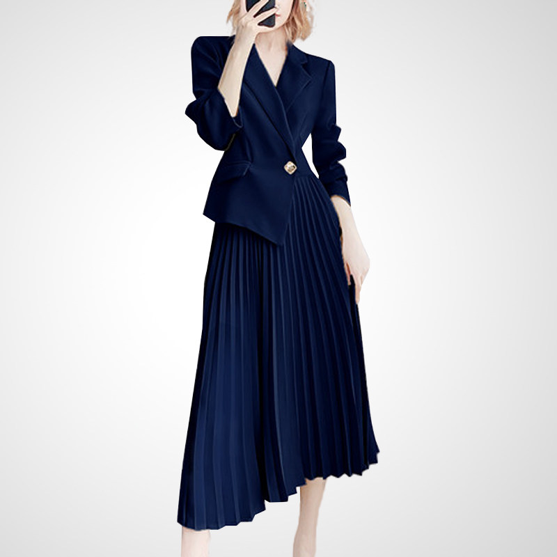 欧美时尚高端西装连衣裙女2023春秋新款高级感显瘦职业通勤百褶裙