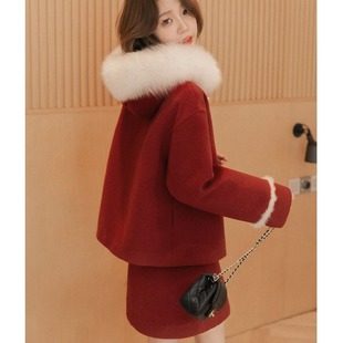 小谷粒真狐狸毛领水貂毛拼接羽绒内胆毛呢套装女2023秋冬款两件套
