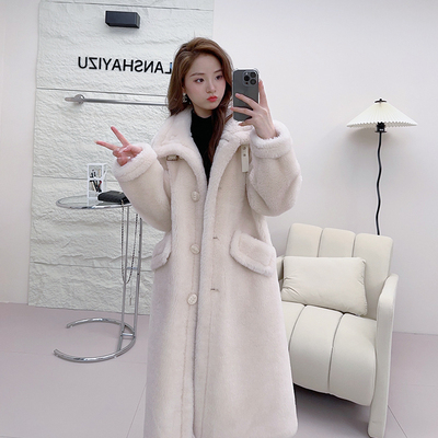 韩版立领过膝颗粒羊羔毛长款外套