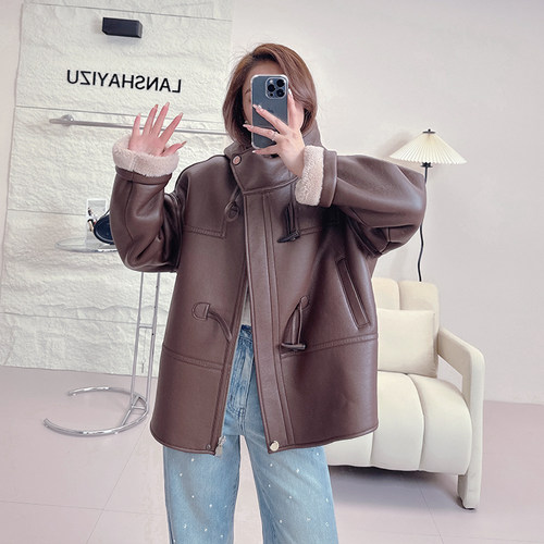 连帽机车服皮毛一体羊羔毛外套女
