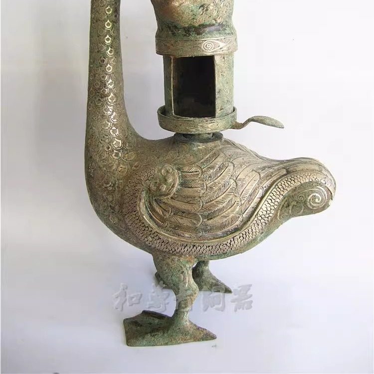青铜器错银雁鱼灯仿古青铜器工艺品摆件凤灯铜鸟灯礼品影视道具