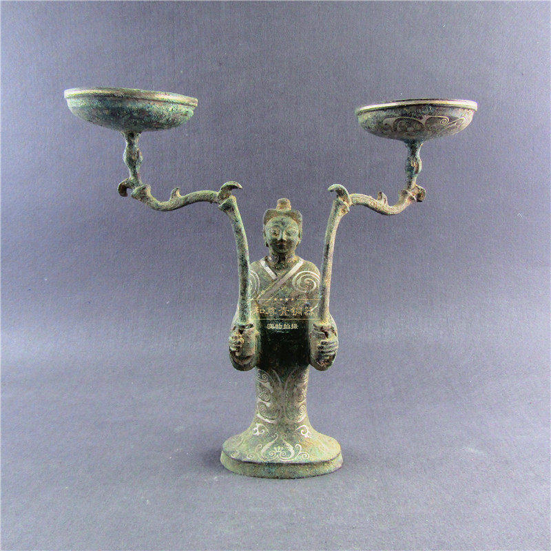 错银宫人灯仿古青铜器家居摆件古玩艺术品装饰古典装修礼品送老板