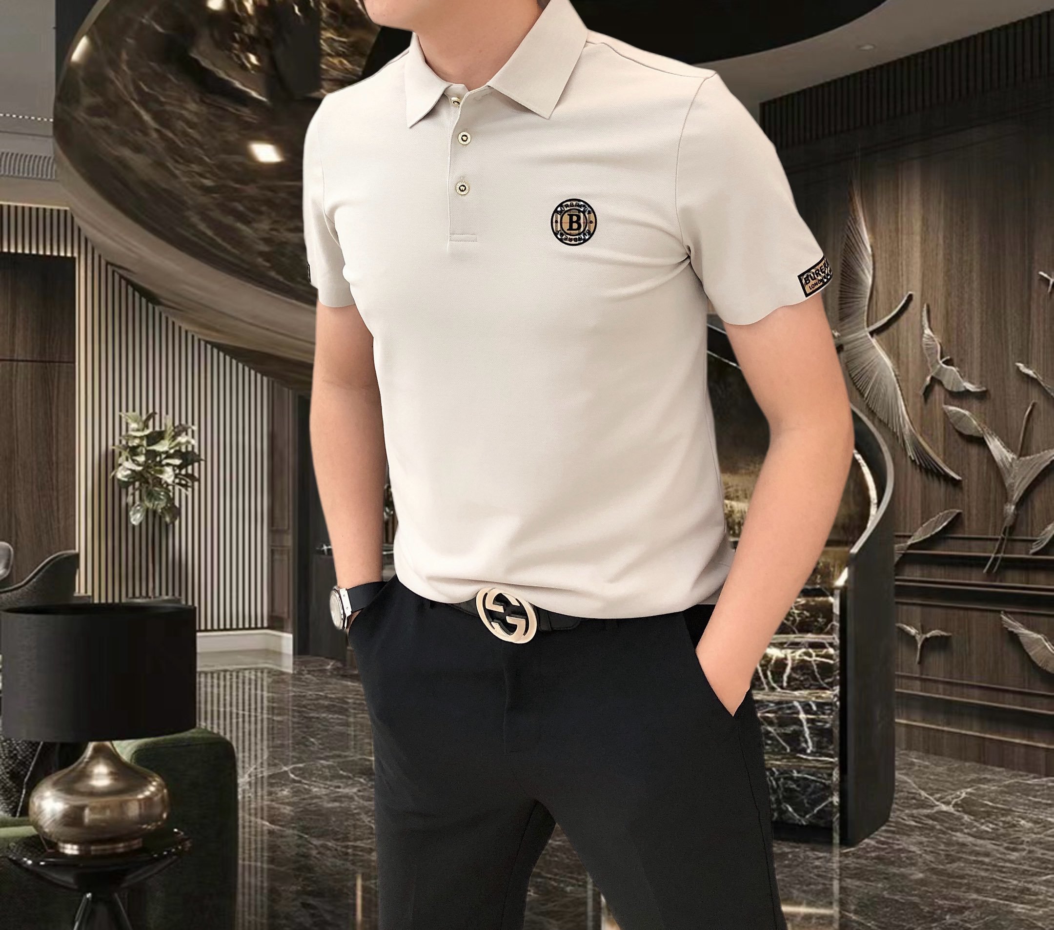 夏季polo衫男士短袖潮牌商务烫钻珠地丝光翻领t恤休闲青年男