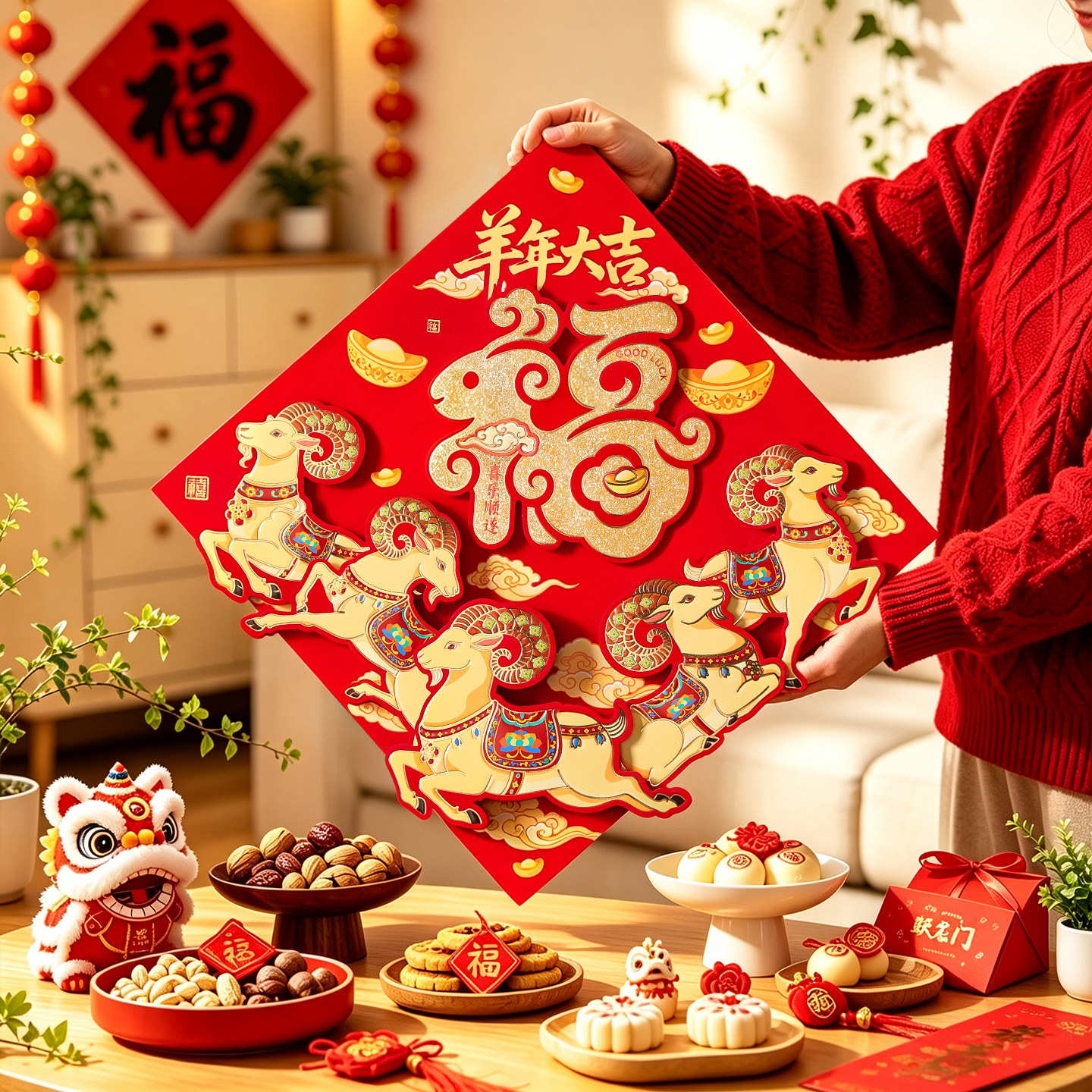 2027新款福字贴自粘新年春节羊年立体植绒贴纸过年入户门布置装饰