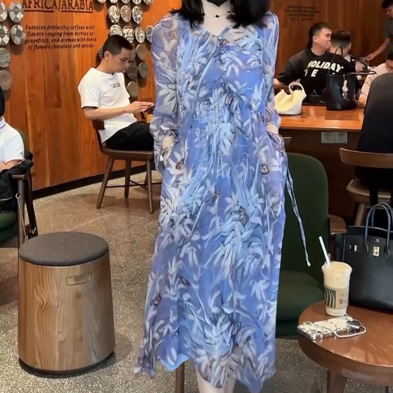 现货 2024九分马蹄袖两件套印花连衣裙淑女套头宽松型雪纺长裙V领