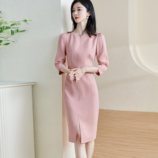 气质时尚优雅纯色通勤裙子女修身开叉知性优雅连衣裙女5M23CL2254