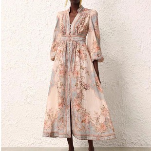 2024现货早春新款定位印花单排扣长袖连衣裙女度假风复古裙子长裙