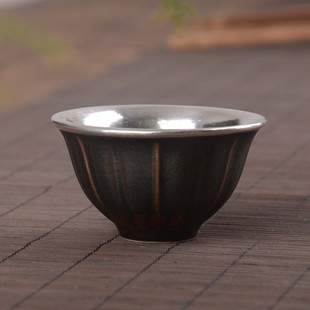 新品手工包银999银主人杯银杯品茗杯陶瓷功夫茶具钧瓷普洱茶杯子