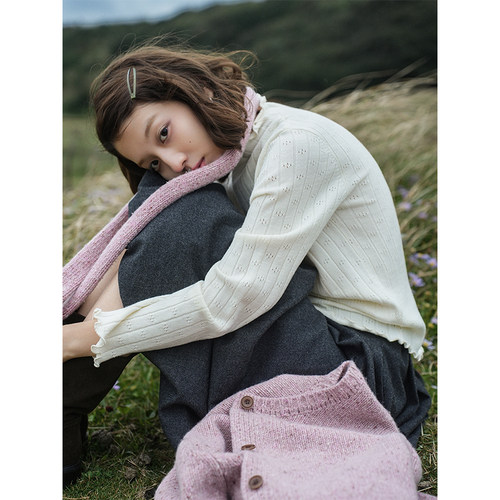 Botanique植物学“小雪花”卷边中领羊毛镂空提花打底毛衣