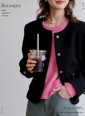 【现货】Botanique植物学黑色coco80羊毛斜纹肌理金扣毛呢外套