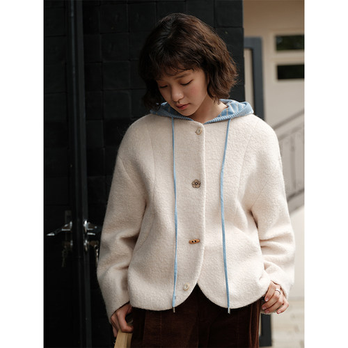 【现货】Botanique植物学圈圈羊毛弧形分割花朵扣毛呢短外套